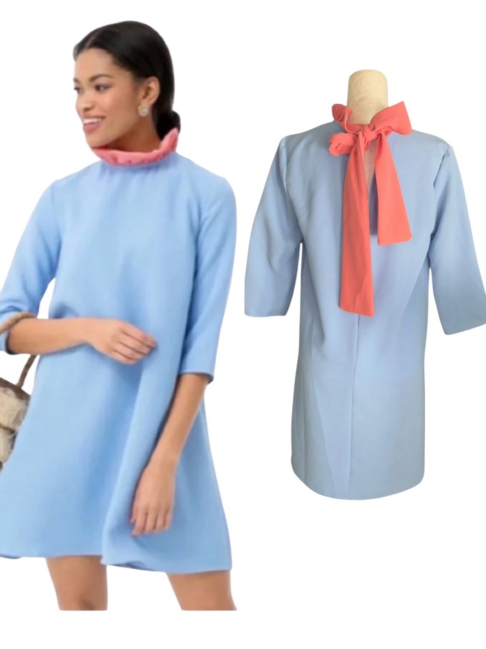 Tuckernuck Pomander Place Daphne Blue Coral Ruffle Neck Bow Tie Mini Dress - M